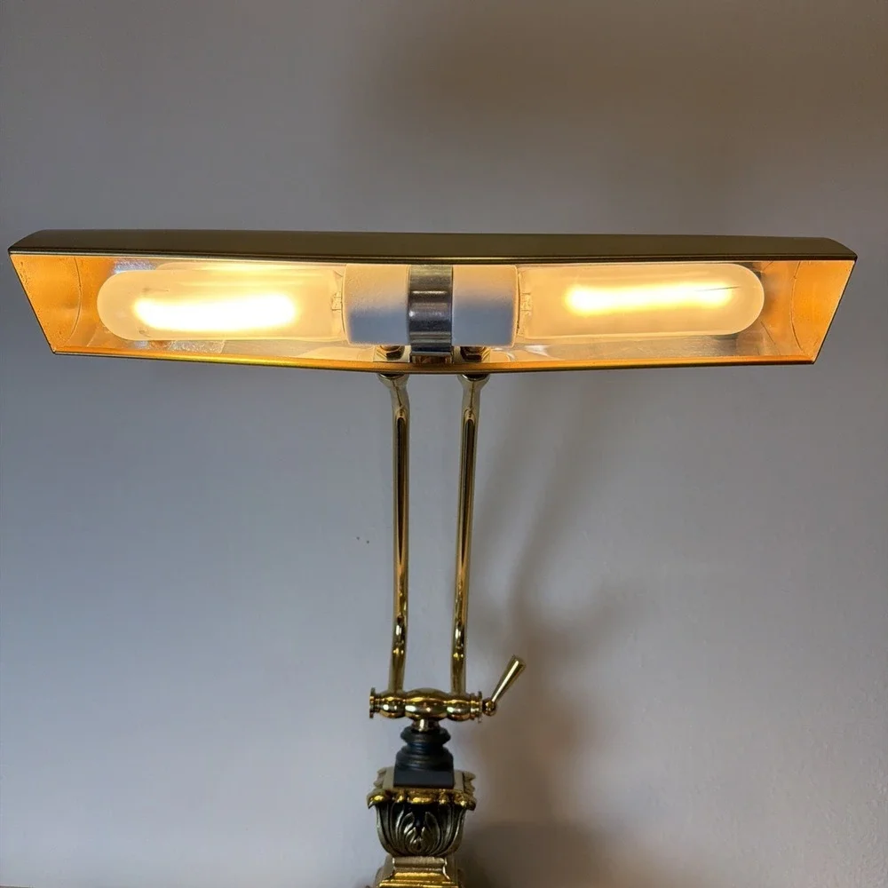 House of Troy Desk Piano Ornate Brass Lamp Heavy Green Base Rare 14